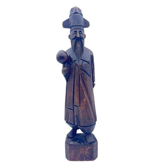 Vintage Hand Carved Wood Figurine Asian Man Statue Ornament Decor - Picture 1 of 9